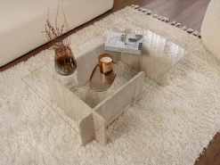 Mesa de centro de cristal templado - Efecto travertino beige y transparente - AZRA