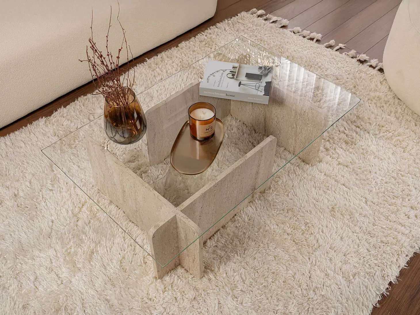 Mesa de centro de cristal templado - Efecto travertino beige y transparente - AZRA