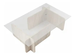 Mesa de centro de cristal templado - Efecto travertino beige y transparente - AZRA
