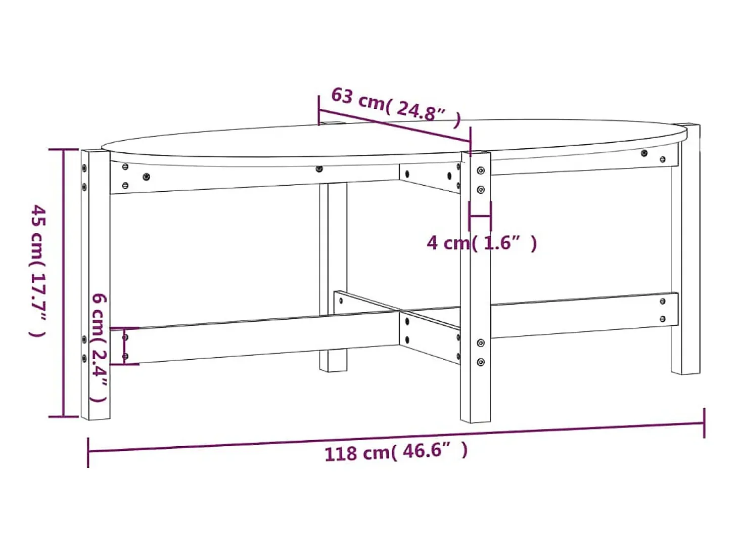 Mesa de centro de madera maciza de pino blanco 118x63x45 cm