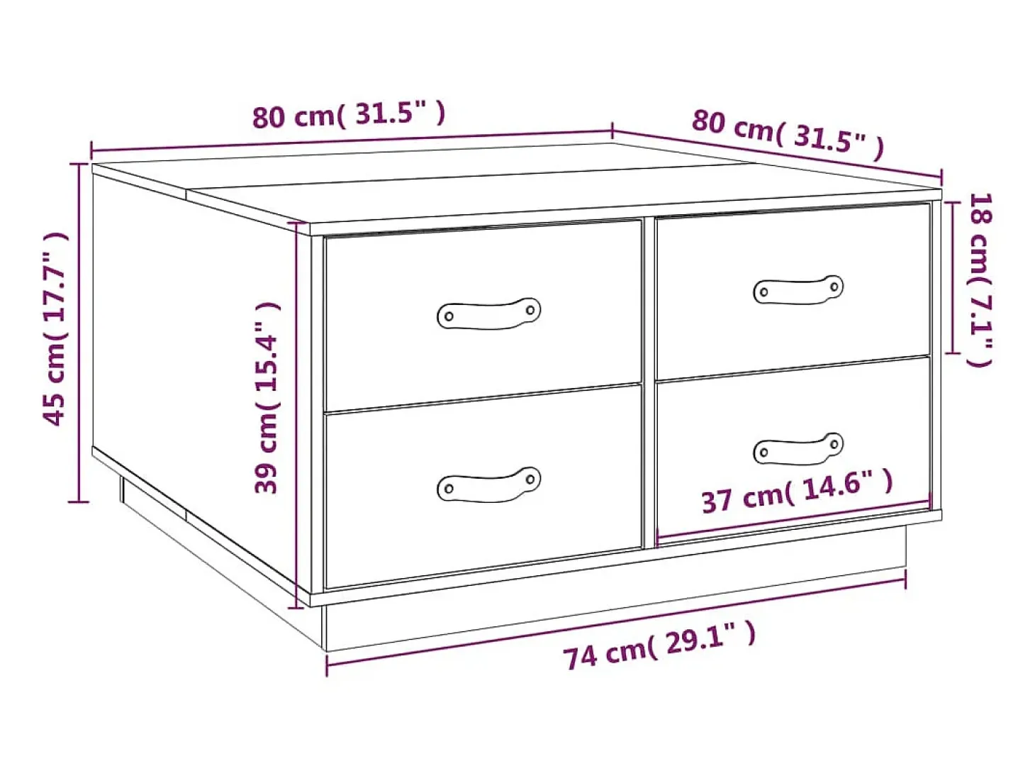 Mesa de centro de madera maciza de pino 80x80x45 cm