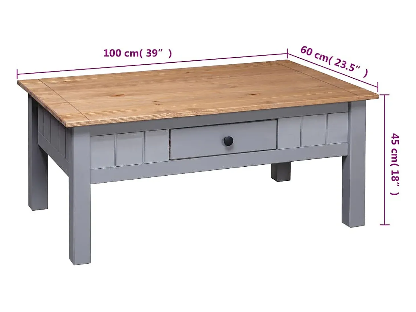 Mesa de centro de madera de pino estilo Panamá gris 100x60x45cm