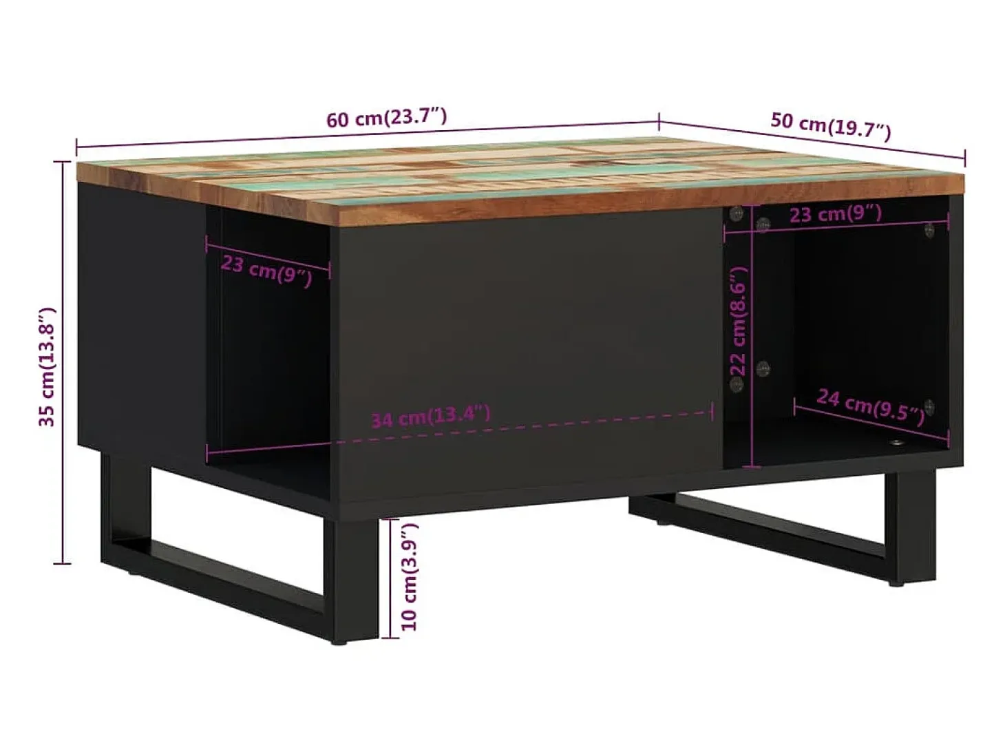 Mesa de centro de madera maciza reciclada 60x50x35 cm