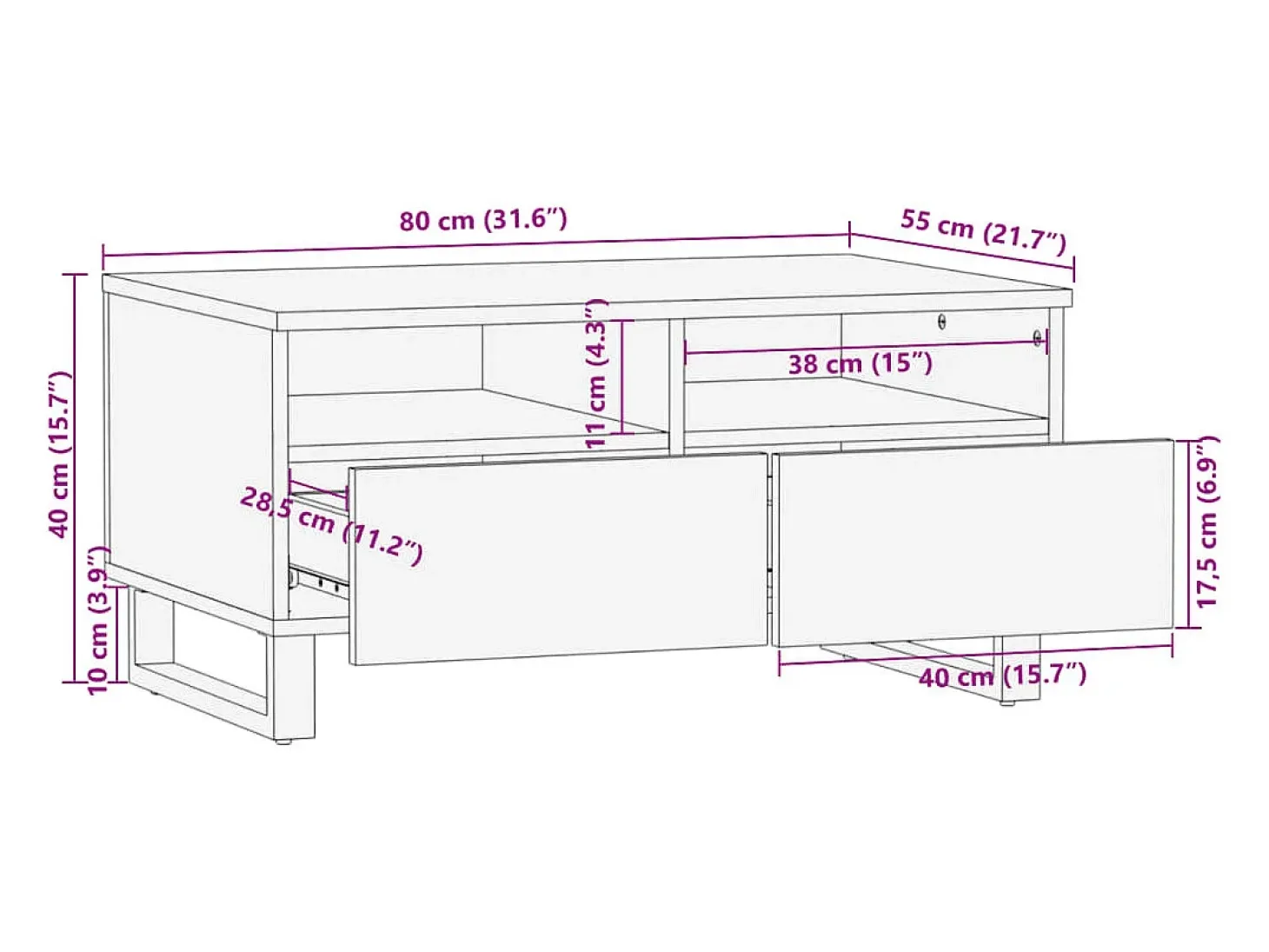 Mesa de centro de madera maciza de mango 80x55x40 cm
