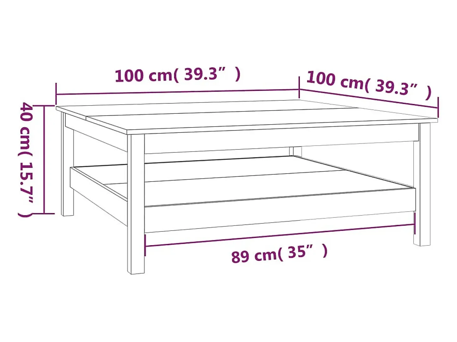 Mesa de centro de madera maciza de pino blanco 100x100x40 cm