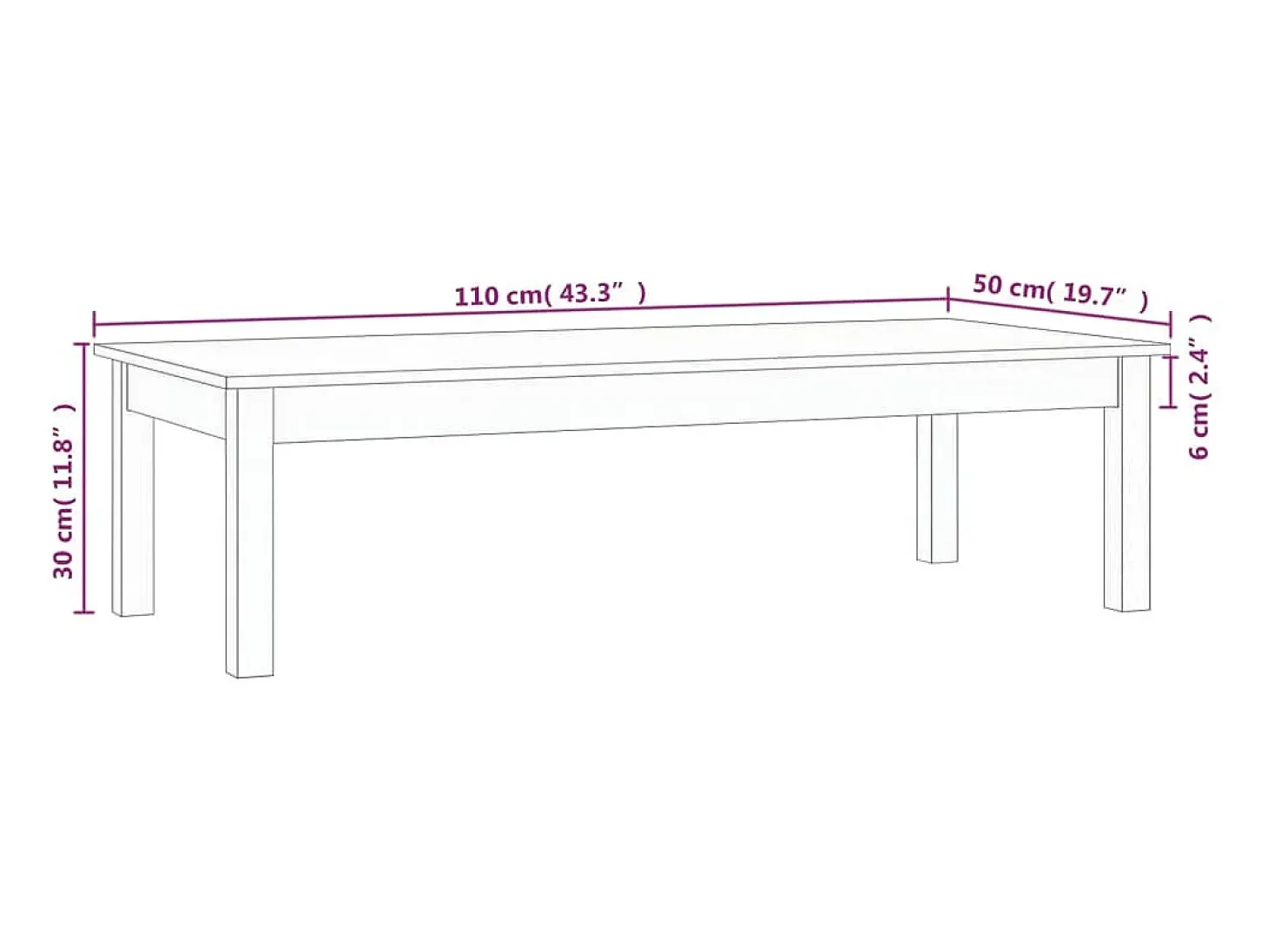 Mesa de centro de madera maciza de pino 110x50x30 cm