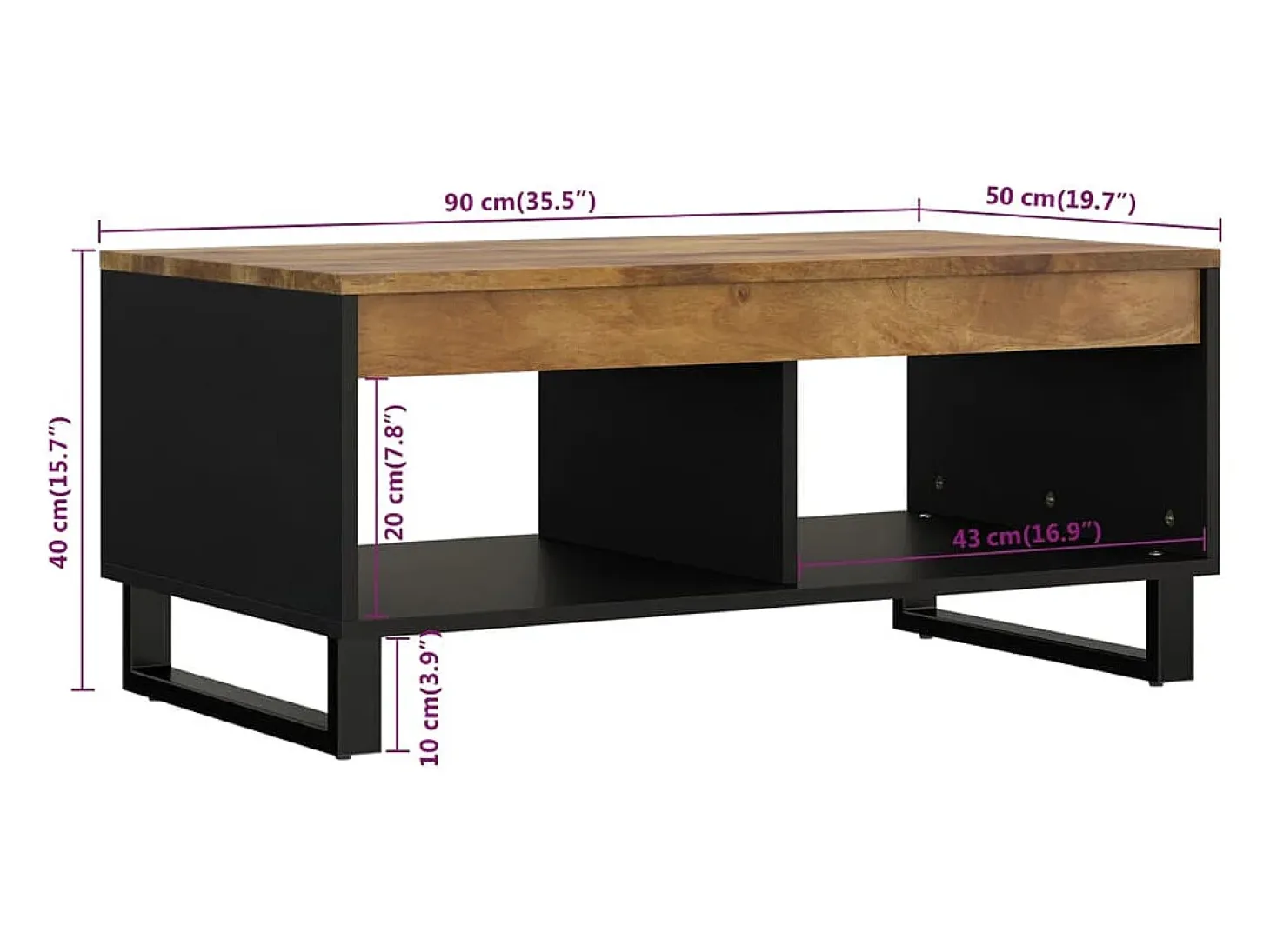 Mesa de centro de madera maciza mango 90x50x40 cm