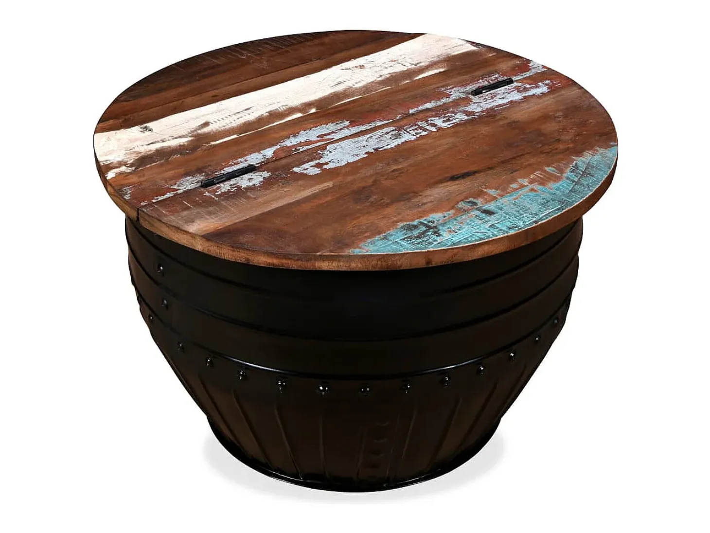 Mesa de centro de madera maciza reciclada negra forma de barril