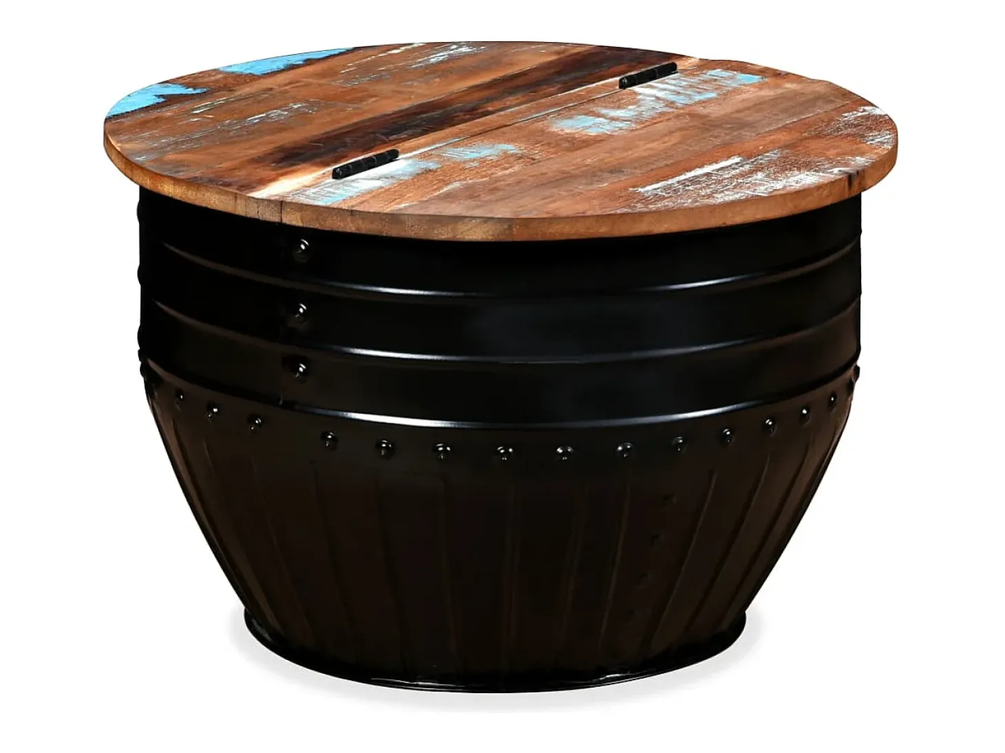 Mesa de centro de madera maciza reciclada negra forma de barril