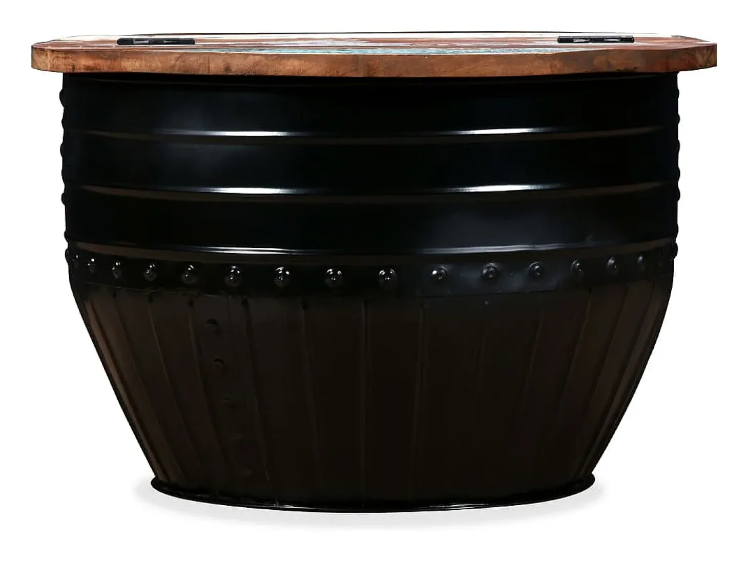 Mesa de centro de madera maciza reciclada negra forma de barril