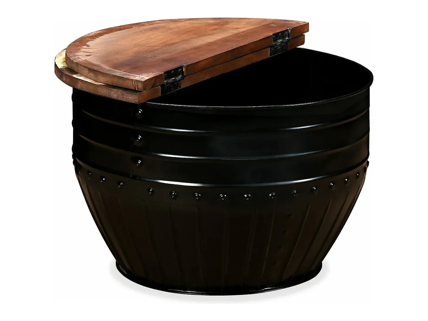 Mesa de centro de madera maciza reciclada negra forma de barril