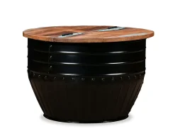 Mesa de centro de madera maciza reciclada negra forma de barril