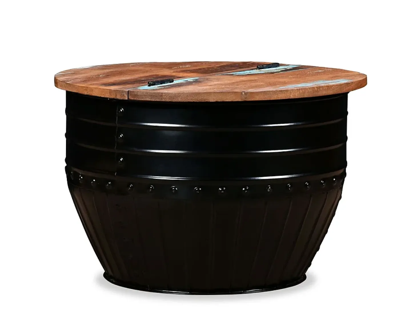 Mesa de centro de madera maciza reciclada negra forma de barril
