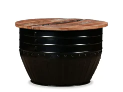 Mesa de centro de madera maciza reciclada negra forma de barril