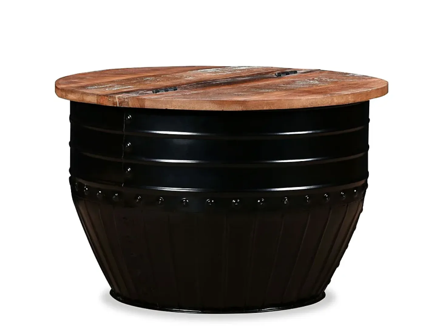 Mesa de centro de madera maciza reciclada negra forma de barril