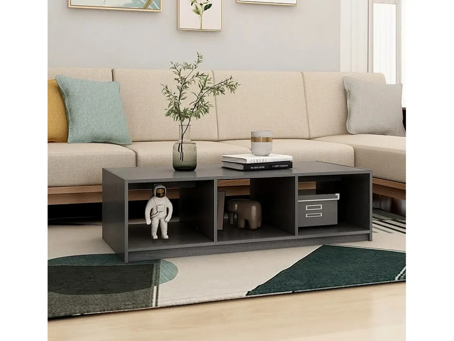 Mesa de centro de madera maciza de pino gris 110x50x34 cm