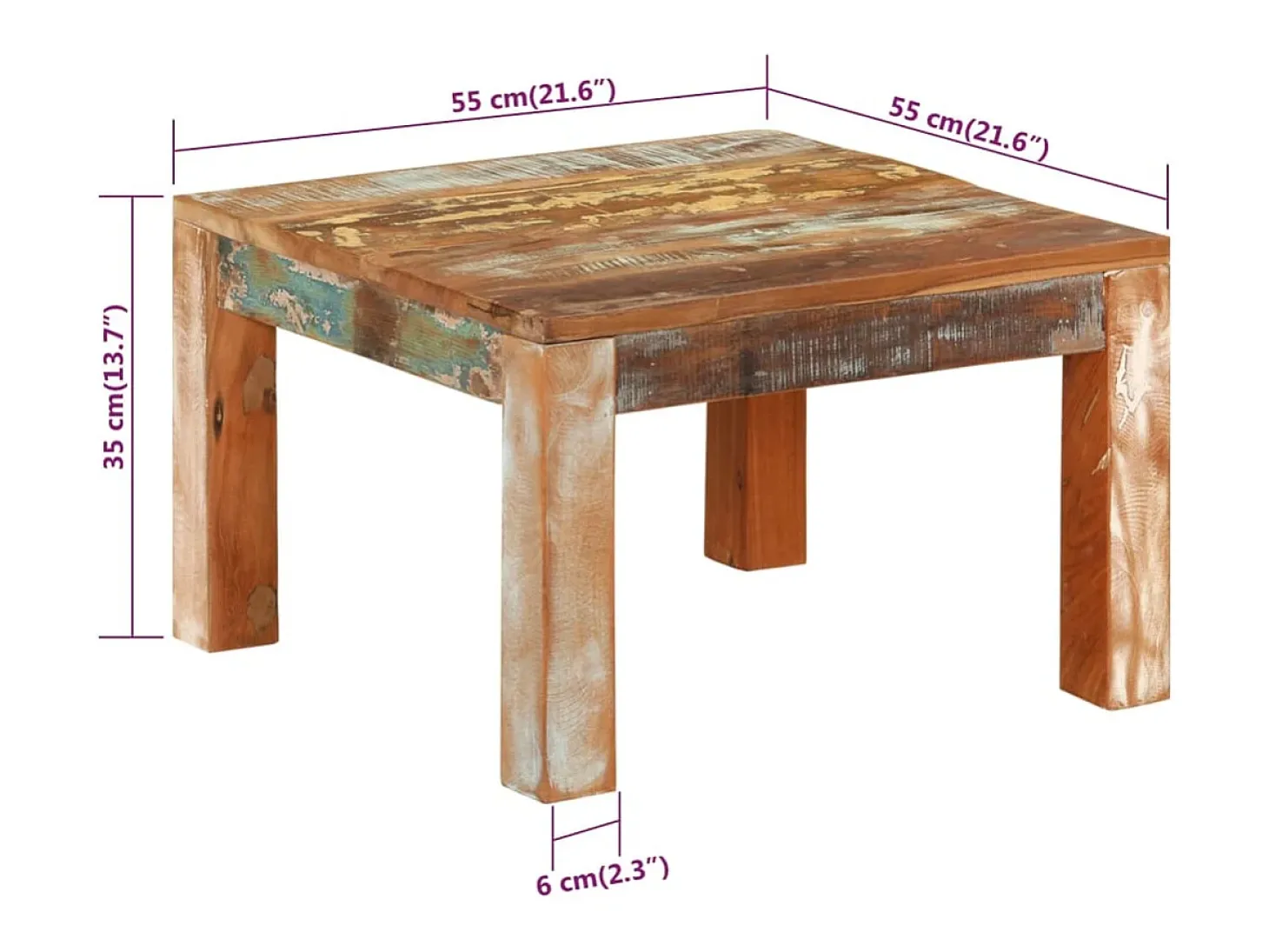 Mesa de centro de madera maciza reciclada 55x55x35 cm