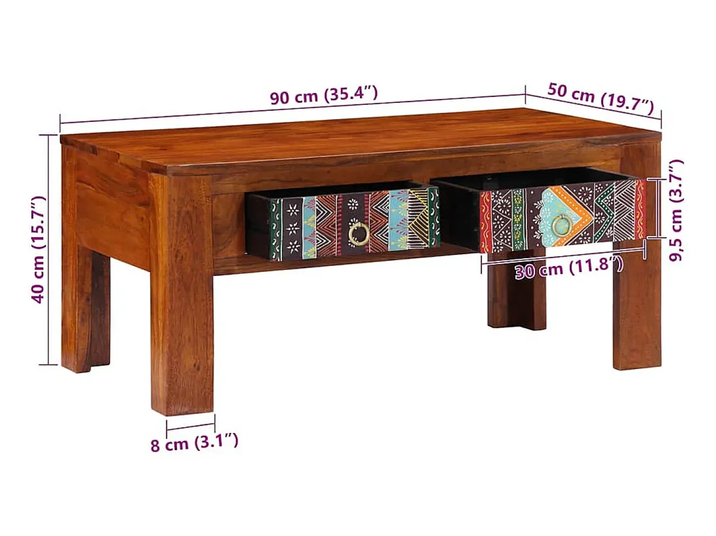 Mesa de centro de madera maciza de acacia 90x50x40 cm