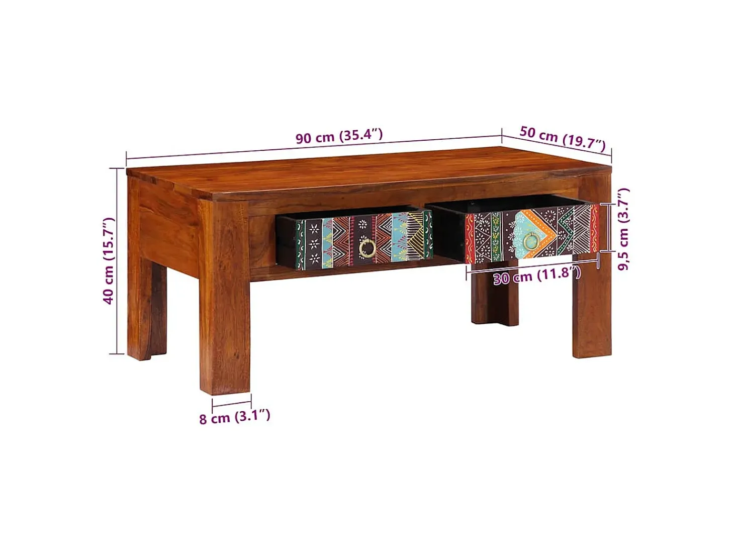 Mesa de centro de madera maciza de acacia 90x50x40 cm