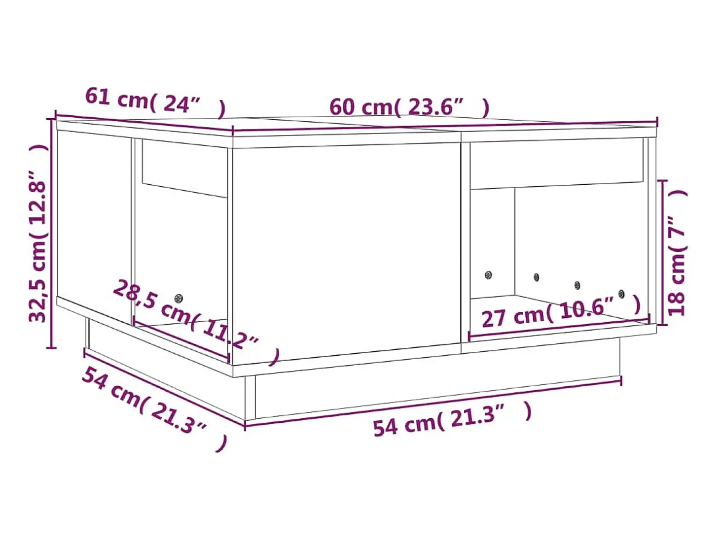 Mesa de centro de madera maciza de pino gris 60x61x32,5 cm