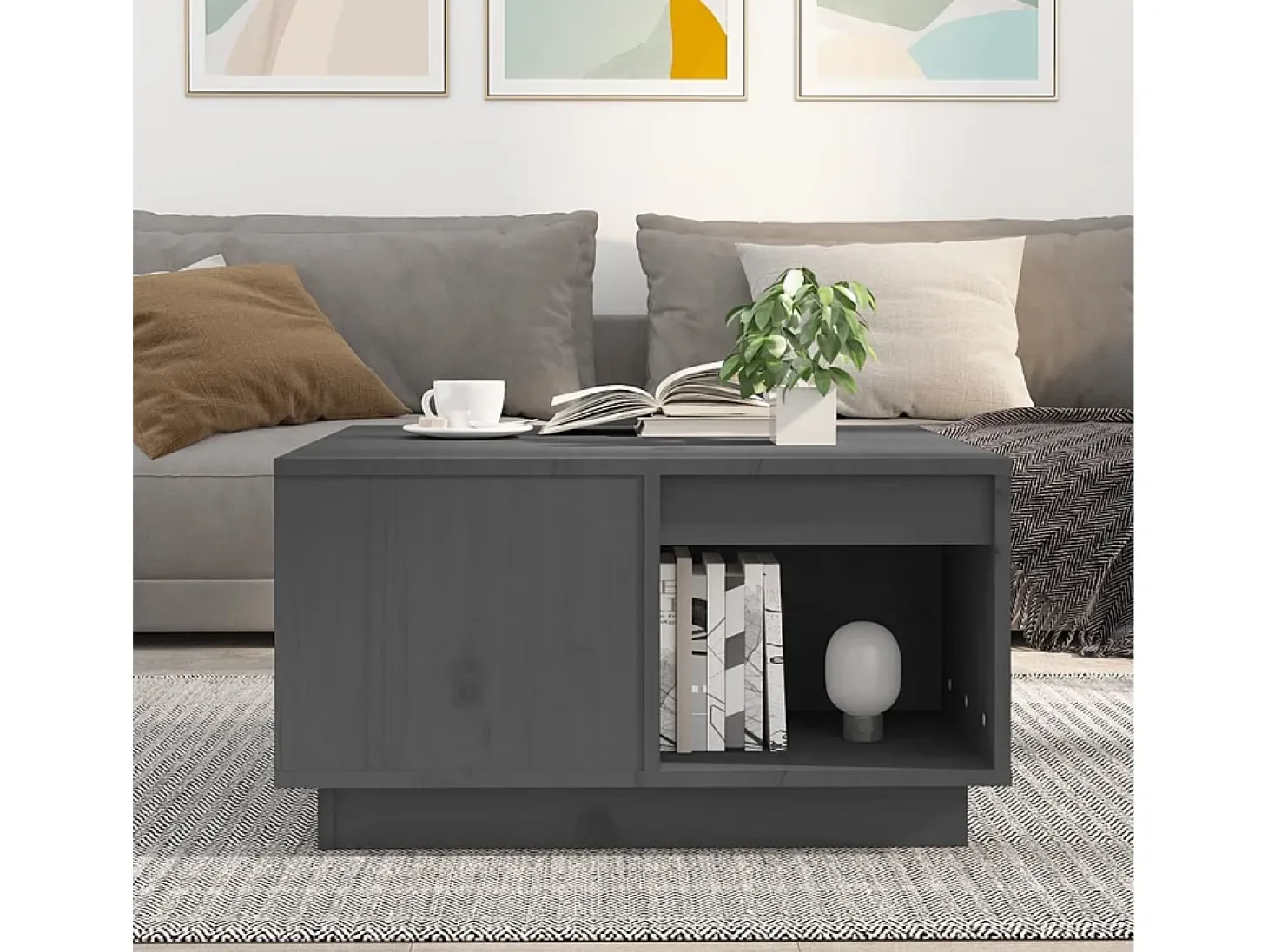 Mesa de centro de madera maciza de pino gris 60x61x32,5 cm