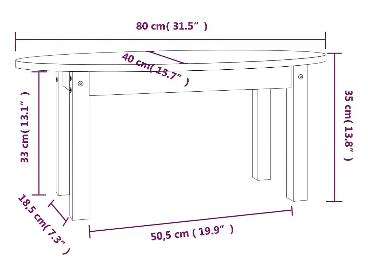 Mesa de centro de madera maciza de pino blanco 80x40x35 cm