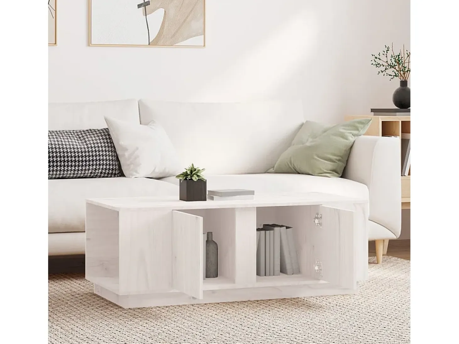 Mesa de centro de madera maciza de pino blanco 110x50x40 cm