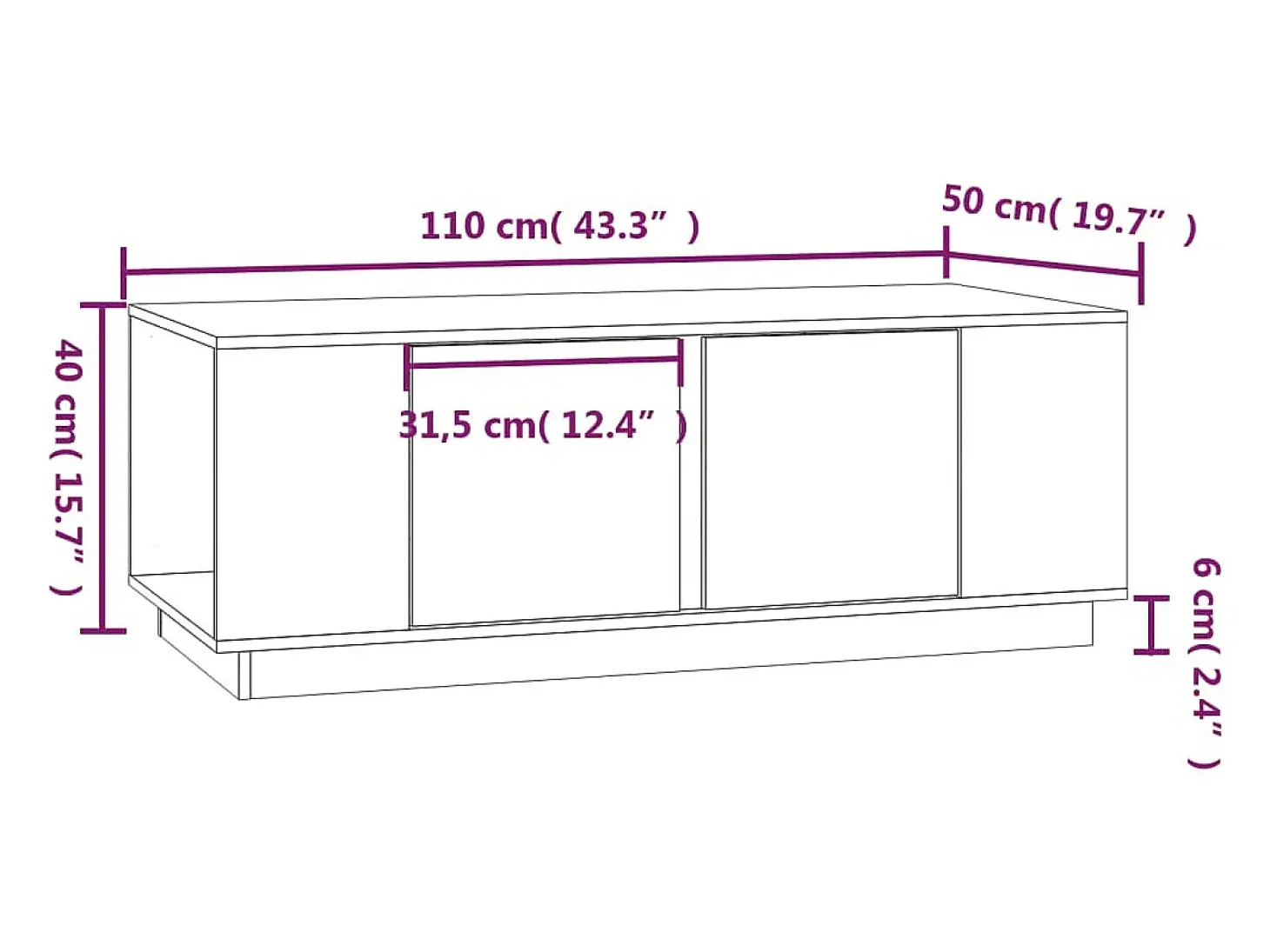 Mesa de centro de madera maciza de pino blanco 110x50x40 cm