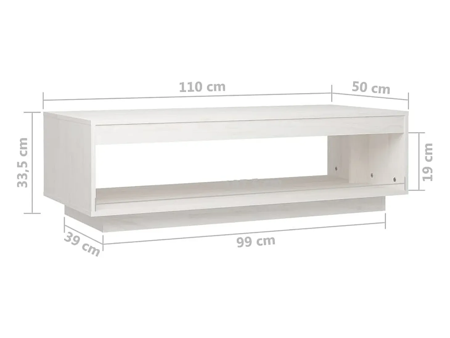 Mesa de centro de madera maciza de pino blanco 110x50x33,5 cm