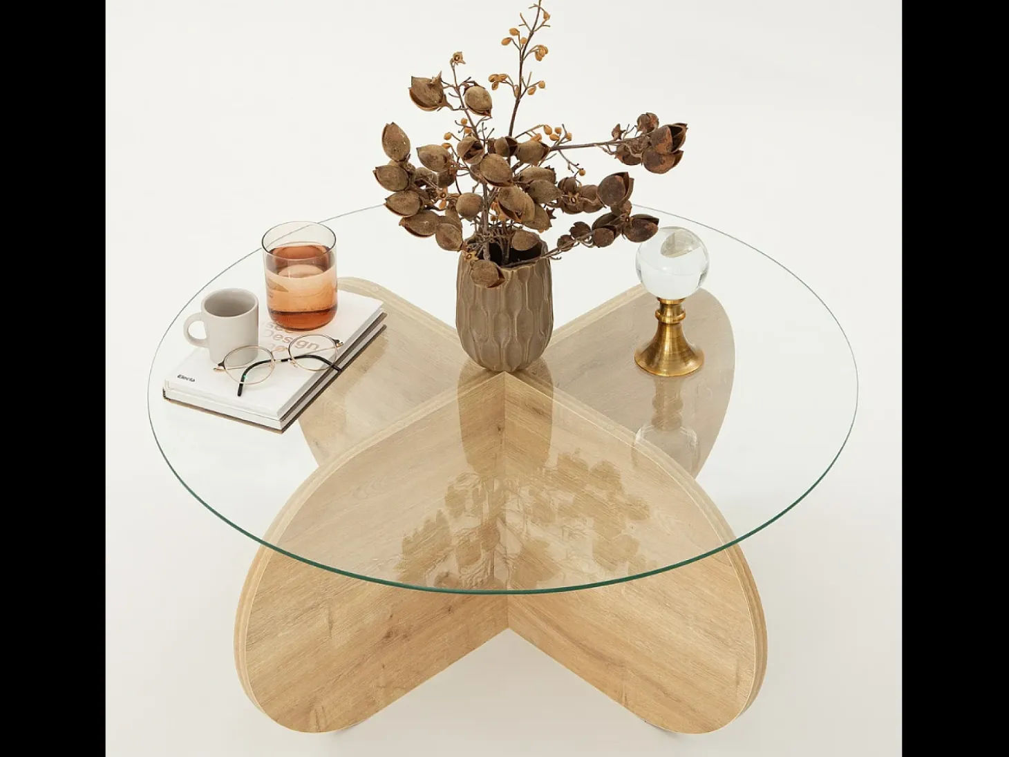 Mesa de centro de madera con tapa de cristal RIBE
