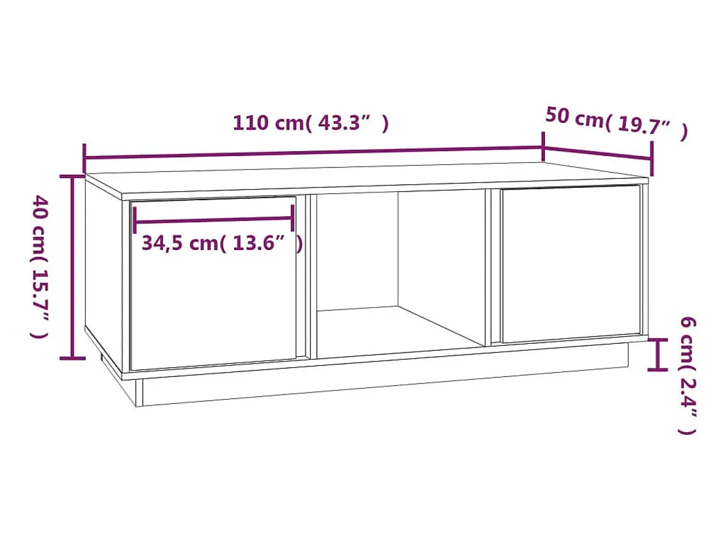 Mesa de centro de madera maciza de pino 110x50x40 cm
