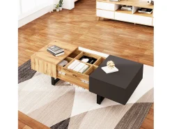 Mesa de centro deslizante multifuncional moderna con almacenamiento oculto, tablero de partículas, metal natural y antracita (155 x 55 x 40 cm)