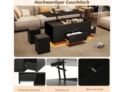 Mesa de centro elevable 4 en 1 - 100 x 50 x 45 cm - con LED + 2 cajones + 2 taburetes - aglomerado - negro