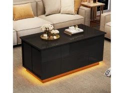Mesa de centro elevable 4 en 1 - 100 x 50 x 45 cm - con LED + 2 cajones + 2 taburetes - aglomerado - negro