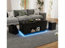 Mesa de centro elevable 4 en 1 - 100 x 50 x 45 cm - con LED + 2 cajones + 2 taburetes - aglomerado - negro
