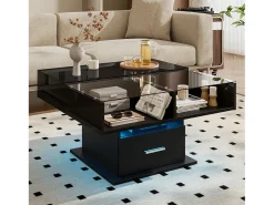 Mesa de centro elevable 78×78×45,5 cm - con iluminación LED - 1 cajón - estantes abiertos - negro