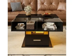 Mesa de centro elevable 78×78×45,5 cm - con iluminación LED - 1 cajón - estantes abiertos - negro