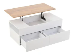 Mesa de centro elevable 100×50×40 cm - con 2 cajones - MDF - blanco + natural