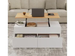 Mesa de centro elevable 100×50×40 cm - con 2 cajones - MDF - blanco + natural