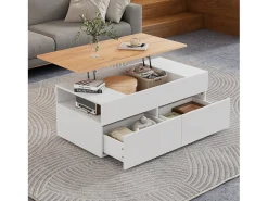 Mesa de centro elevable 100×50×40 cm - con 2 cajones - MDF - blanco + natural
