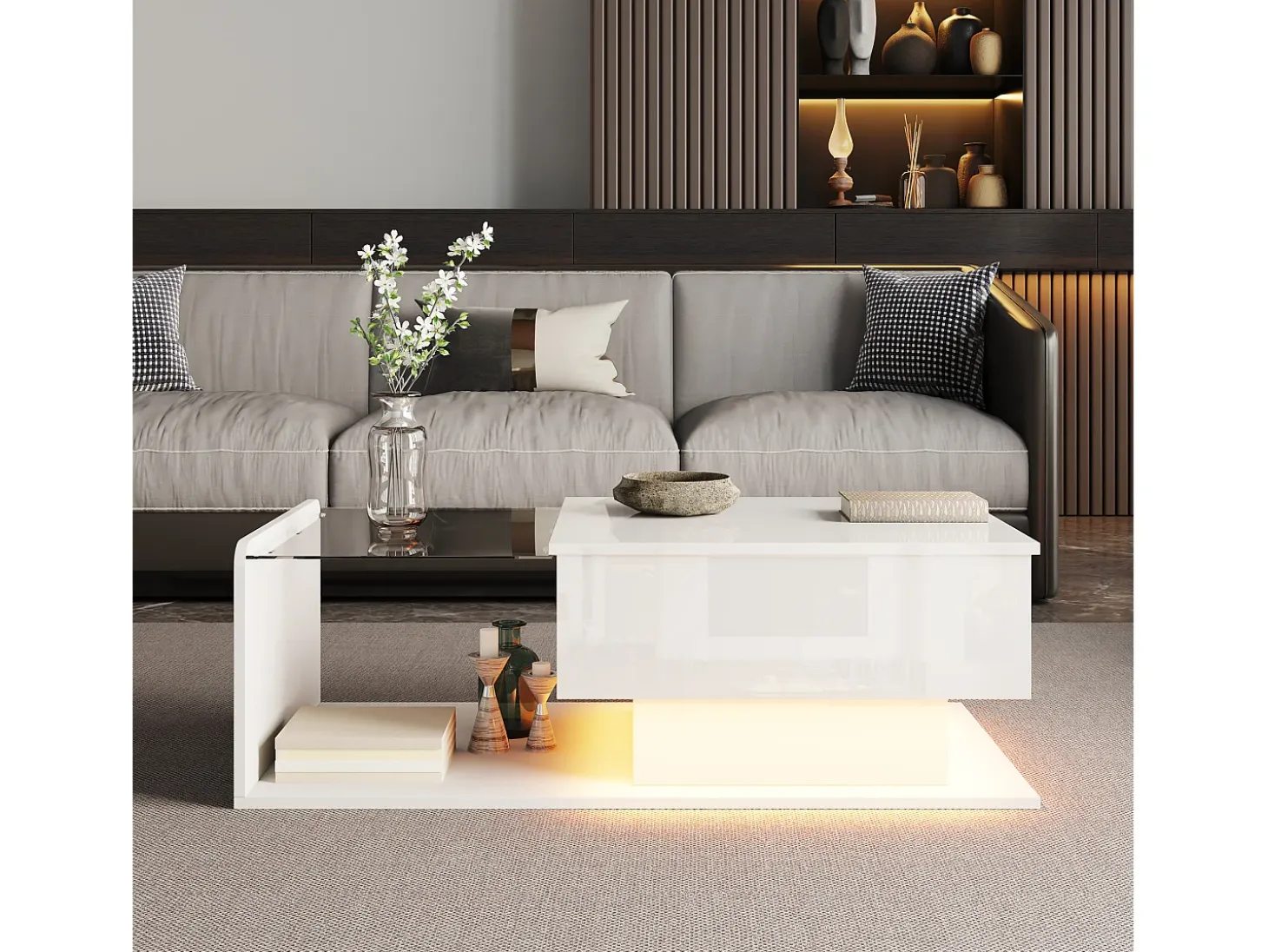 Mesa de centro elevable alto brillo 100×50×47,5 cm - Plato de vidrio - Iluminación LED - Paneles de aglomerado - blanco