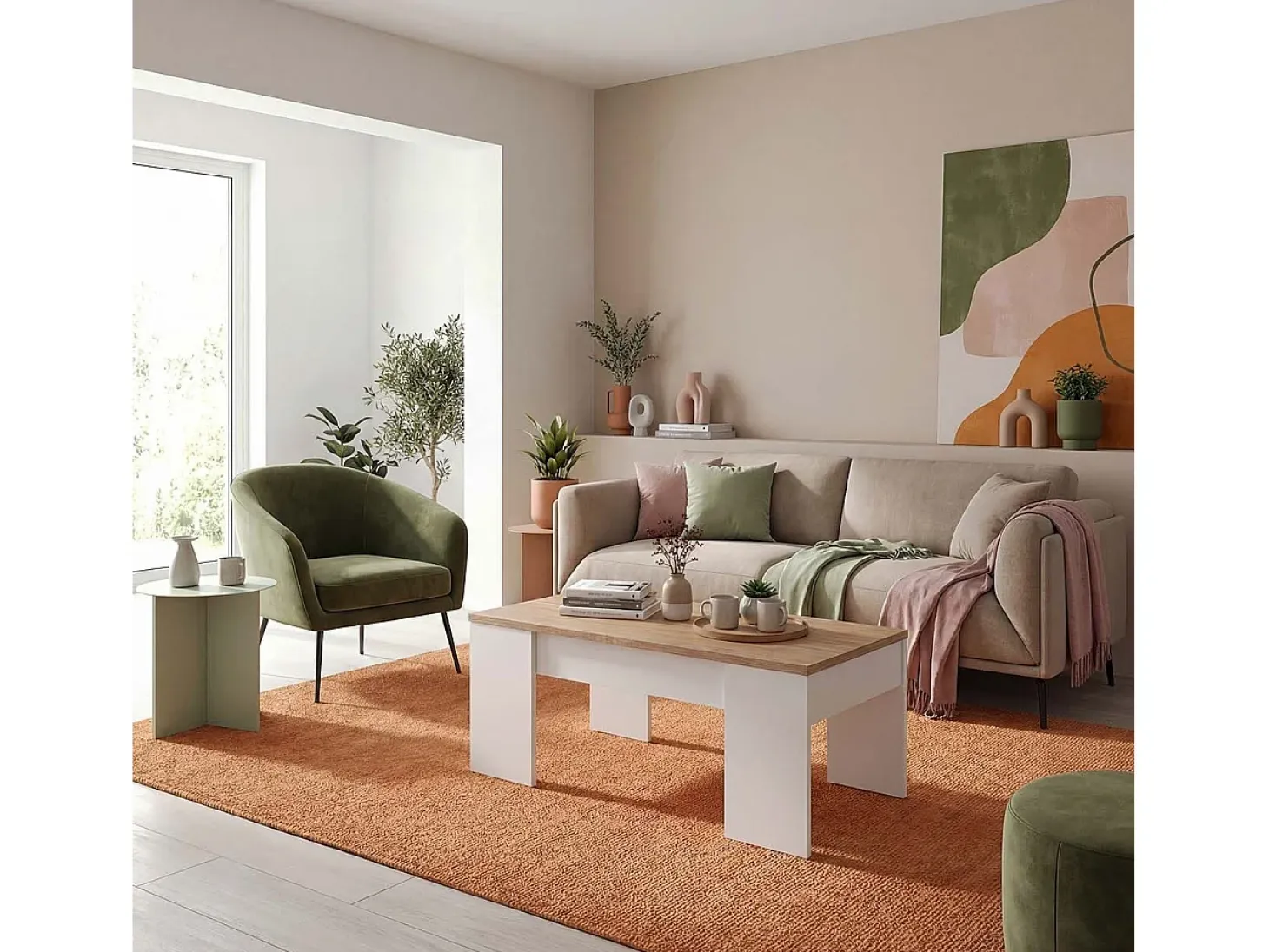 Mesa de centro elevable con almacenaje en blanco artick y roble canadian 100x45-56 cm Vita Blanco Artik (Blanco Mate) - Roble Canadian