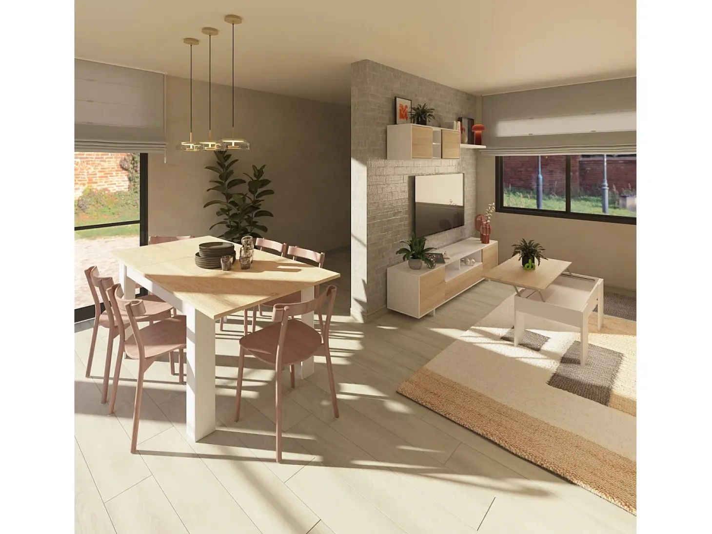 Mesa de centro elevable con almacenaje en blanco artick y roble canadian 100x45-56 cm Vita Blanco Artik (Blanco Mate) - Roble Canadian