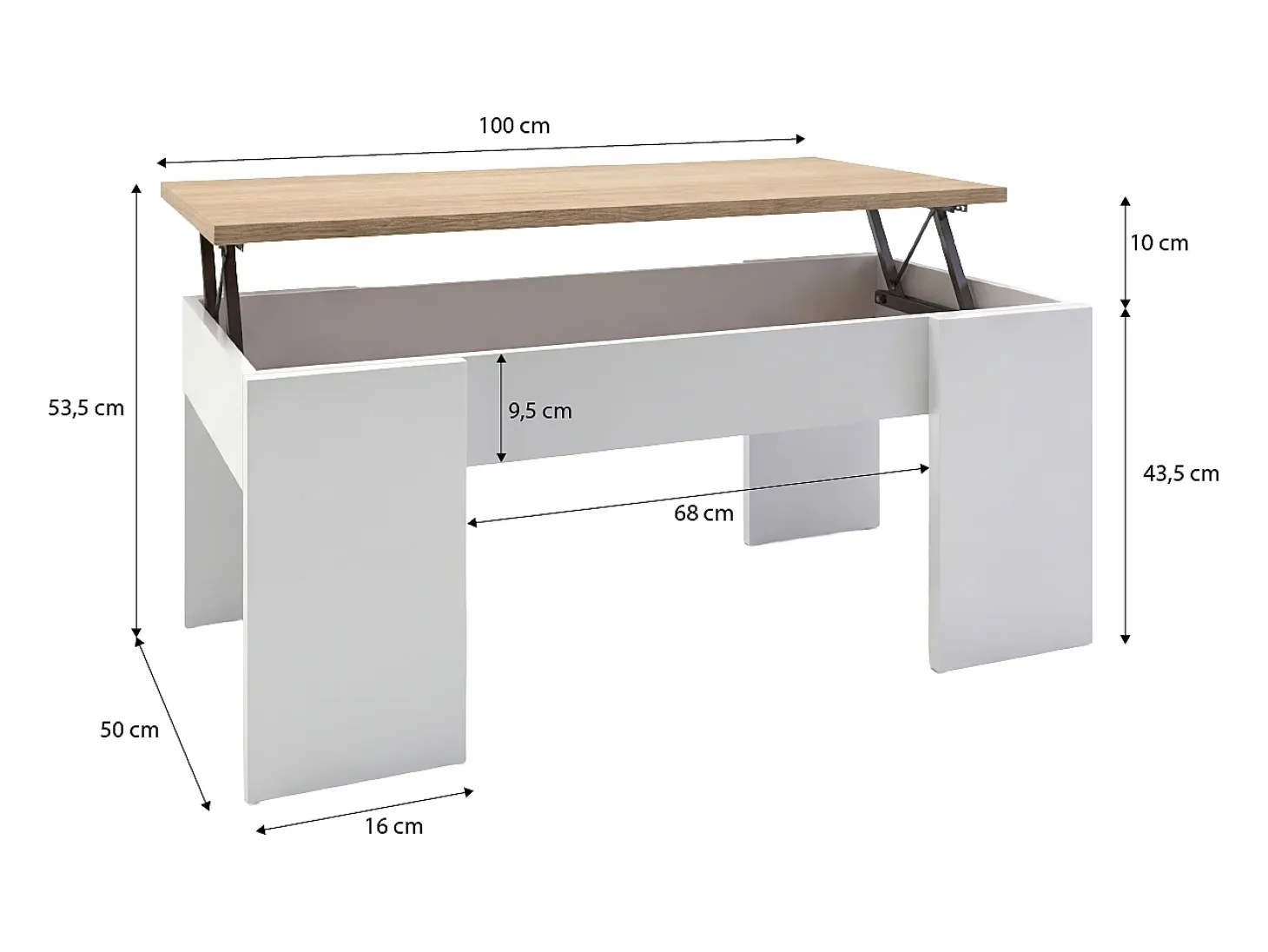 Mesa de centro elevable con almacenaje en blanco artick y roble canadian 100x45-56 cm Vita Blanco Artik (Blanco Mate) - Roble Canadian