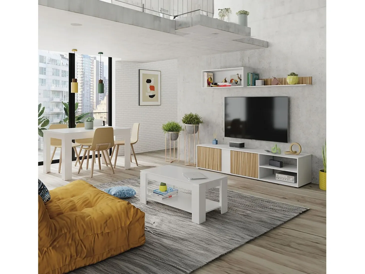 Mesa de centro elevable con almacenaje en blanco mate 120x43-54 cm Lya Blanco Artik (Blanco Mate)