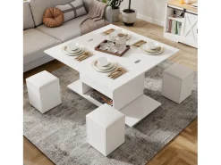 Mesa de centro elevable con 4 taburetes y 2 mesas - 100 x 50 x 48 cm - Tablero de partículas - Blanco