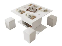 Mesa de centro elevable con 4 taburetes y 2 mesas - 100 x 50 x 48 cm - Tablero de partículas - Blanco