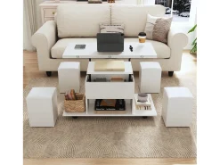 Mesa de centro elevable con 4 taburetes y 2 mesas - 100 x 50 x 48 cm - Tablero de partículas - Blanco