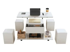 Mesa de centro elevable con 4 taburetes y 2 mesas - 100 x 50 x 48 cm - Tablero de partículas - Blanco