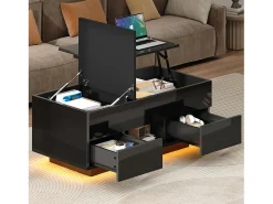 Mesa de centro elevable lacada en alto brillo - 100 x 45 x 43 cm - con 2 cajones + LED + espacio de almacenamiento oculto - tablero de partículas - negro